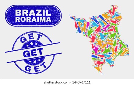 Productivity Roraima State map and blue Get scratched seal. Colorful vector Roraima State map mosaic of service parts. Blue rounded Get imprint.