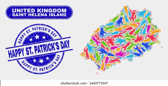 Productivity Saint Helena Island map and blue Happy St. Patrick'S Day textured seal stamp. Colored vector Saint Helena Island map mosaic of industrial. Blue round Happy St. Patrick'S Day seal.