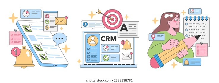 Productivity set. Efficient task management on digital devices. CRM systems, goal achievement. Woman jotting down notes. Time-sensitive tasks. Flat vector illustration