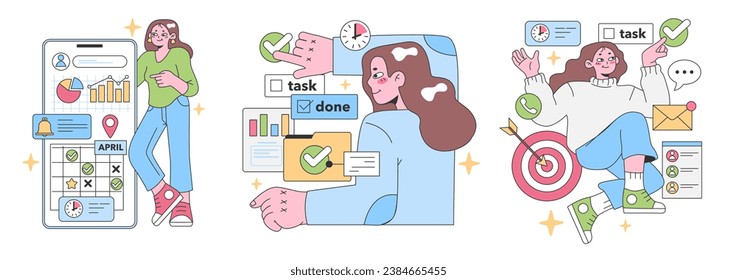 Productivity set. A woman interacts with data-driven elements, charts, and task management. Calendar planning, goal achievement, email communication. Joyful task completion. Flat vector illustration