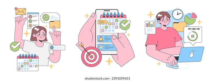 Productivity set. Woman multitasking with efficiency. Managing emails, hitting targets, scheduling, and digital work. Time management mastery. Analyzing data charts. Flat vector illustration.