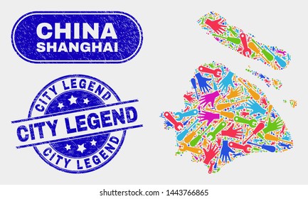 Productivity Shanghai City Map And Blue City Legend Textured Seal Stamp. Colored Vector Shanghai City Map Mosaic Of Machinery Units. Blue Rounded City Legend Stamp.