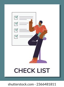 Productivity smart manager man sitting with tablet and pointing to successfully completed checklist. Vector clipboard task and time management. Self control to efficient achieve business target