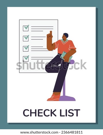 Productivity smart manager man sitting with tablet and pointing to successfully completed checklist. Vector clipboard task and time management. Self control to efficient achieve business target