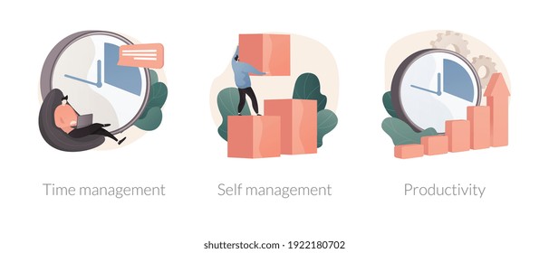 Productivity software abstract concept vector illustration set. Time management, self management, productivity at work, project schedule, employee performance, effective planning abstract metaphor.