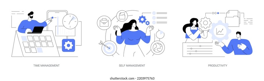 Productivity software abstract concept vector illustration set. Time management, self management, productivity at work, project schedule, employee performance, effective planning abstract metaphor.