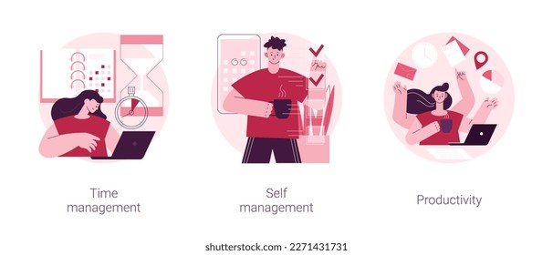 Productivity software abstract concept vector illustration set. Time management, self management, productivity at work, project schedule, employee performance, effective planning abstract metaphor.