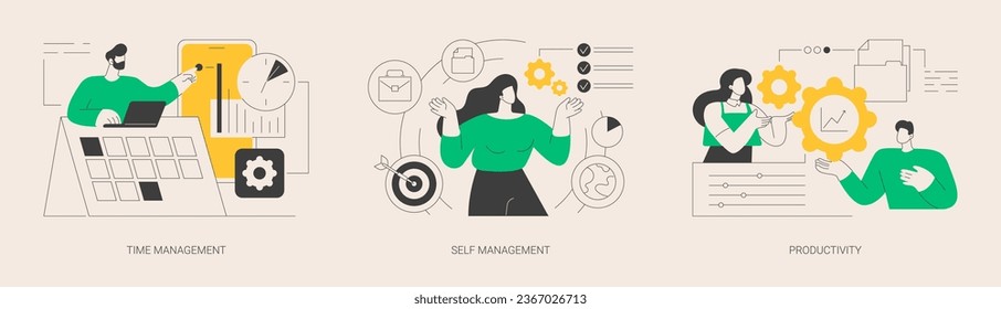 Productivity software abstract concept vector illustration set. Time management, self management, productivity at work, project schedule, employee performance, effective planning abstract metaphor.