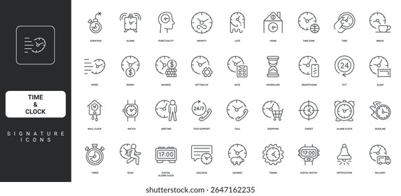 Productivity, speed and late, time to sleep thin black symbols vector illustration. Time and clock, hourglass and timer, stopwatch, chronometer for hour and minute countdown line icon set.