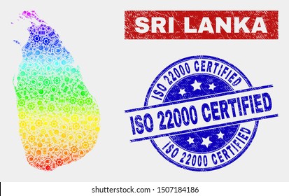 Productivity Sri Lanka map and blue ISO 22000 Certified scratched watermark. Rainbow colored gradiented vector Sri Lanka map mosaic of productivity components. Blue round ISO 22000 Certified rubber.