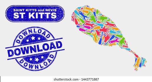 Productivity St Kitts Island map and blue Download scratched seal stamp. Bright vector St Kitts Island map mosaic of productivity components. Blue rounded Download stamp.