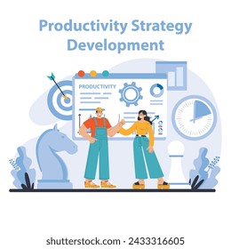 Productivity Strategy Development concept. Crafting dynamic approaches to improve efficiency. Collaboration and innovation in professional settings. Flat vector illustration.