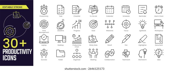 coleções de ícones de Traço de produtividade. Contendo os ícones de Tarefa, Lista de Verificação, Lista de Tarefas Pendentes, Calendário, Agenda, Lembrete, Despertador, Reunião e Trabalho em Equipe. Ícone de traçado editável coleção Ícone de estrutura de tópicos