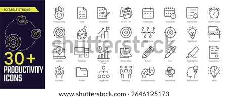 Productivity Stroke icon collections. Containing Task, Checklist, To-Do List, Calendar, Schedule, Reminder, Alarm Clock, Meeting, and Teamwork icons. Editable Stroke icon collection Outline icon