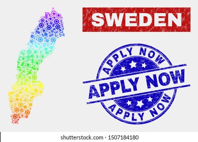 Productivity Sweden map and blue Apply Now scratched seal stamp. Rainbow colored gradiented vector Sweden map mosaic of equipment units. Blue rounded Apply Now seal.