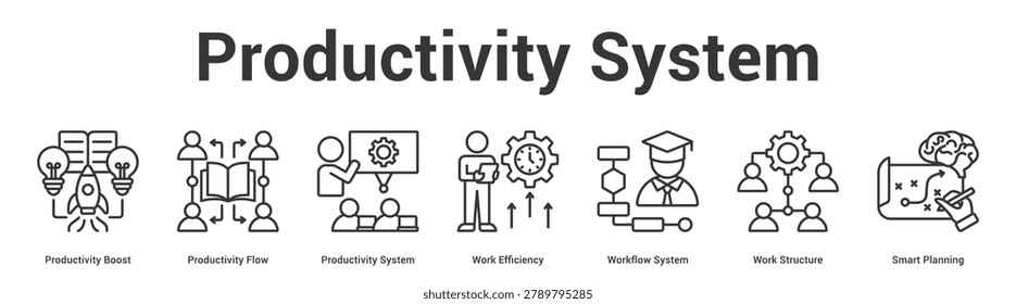Productivity System web banner icon set vector illustration concept for business with icon of Productivity Boost, Productivity Flow, Productivity System, Work Efficiency, Workflow System, Work Structu.