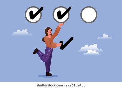 Concepto de productividad y gestión de tareas. Una mujer feliz coloca una marca de verificación para completar una lista de tareas. Ilustra las tareas finales, la planificación exitosa y las opciones correctas.