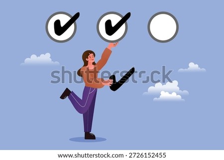 Productivity and task management concept. A happy woman places a checkmark to complete a to-do list. Illustrates finishing tasks, successful planning, and correct choices.
