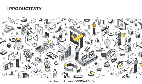 Concepto de productividad y gestión de tareas. La ilustración isométrica muestra elementos clave de organización, eficiencia y finalización de tareas exitosa: configuración de objetivos, enfoque, concentración y administración del tiempo