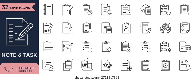 Conjunto de iconos de línea de gestión de tareas de productividad con arte de Clip de Vector de línea para lista de comprobación, nota de documento y recordatorio. Incluye Portapapeles, informe del proyecto y señales de progreso.