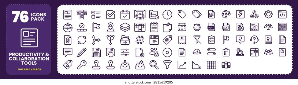 Productivity and team collaboration vector icon set, clean uncluttered signature style UI elements for agile project management