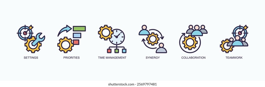 Productivity And Team Management Icons Icon Set Isolated Vector Illustration Concept With Icon Of Settings, Priorities, Time Management, Synergy, Collaboration, Teamwork In Outline Color Style