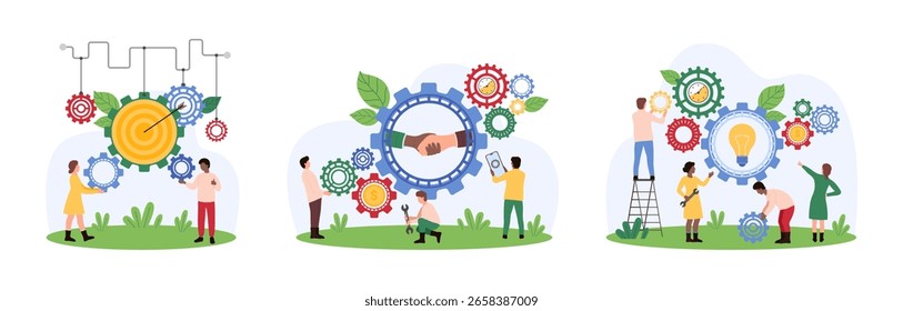 Productividad del trabajo en equipo, conjunto de cooperación eficaz. Las personas pequeñas mejoran la interacción y trabajan con el sistema de engranajes y la bombilla, el apretón de manos de los socios dentro de la Ilustración vectorial de dibujos animados de la rueda dentada