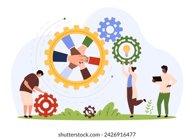 Productivity of teamwork, partnership and effective cooperation. Tiny people holding gear with light bulb, gear movement with business people hands in support gesture cartoon vector illustration