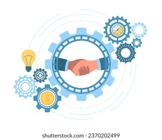 Productividad del trabajo en equipo, ilustración del vector de asociación. Caricatura de un apretón de manos aislado de empresarios dentro de los engranajes del motor, el acuerdo, la confianza y el apoyo de socios y accionistas corporativos