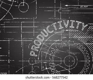 Productivity text with gear wheels hand drawn on blackboard machine background
