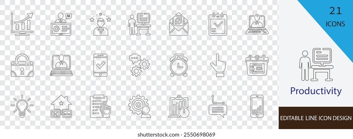 Productivity thin line icon set. containing  focus, daily routine, deadline, multitasking,  development, goal, success, workstation and more stroke design 