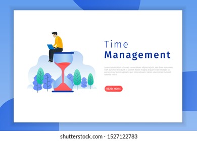 Productivity and time management concept illustration. Men sit working on their laptops. Landing page illustration for website.