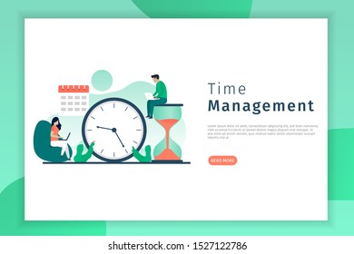 Productivity and time management concept illustration. Men and women sit working on their laptops. Landing page illustration for website.