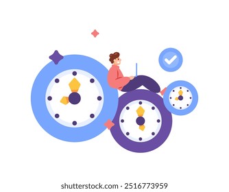  productivity time management concept. managing and organizing time for work. efficiency of time use. illustration of worker or employee working using laptop on top of a clock. flat style design