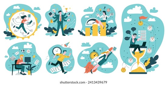 Productivity and time management concepts set. Employees do work efficiently, cope with tasks and achieve good results. Flat vector illustrations on abstract background.