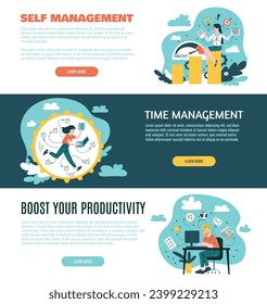 Productivity, time and self management landing pages set. Job efficiency concept banners with text space. Flat vector illustration design.