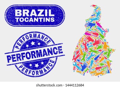 Productivity Tocantins State map and blue Performance distress seal stamp. Colored vector Tocantins State map mosaic of industrial units. Blue round Performance stamp.
