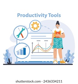 Productivity Tools concept. Harnessing analytical instruments for performance measurement. Workflow enhancement with dynamic tools. Flat vector illustration.