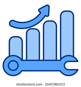 Icono de herramientas de productividad representado por gráfico, llave estilo azul.