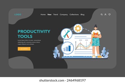 Productivity Tools night or dark mode web or landing page. Harnessing analytical instruments for performance measurement. Workflow enhancement with dynamic tools. Flat vector illustration.