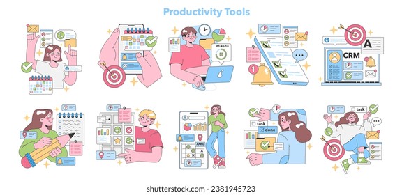 Productivity Tools set. Seamless workflow optimization with cheerful users. Task management, email organization, CRM insights, time tracking. Vibrant hues capture tech efficiency. vector illustration