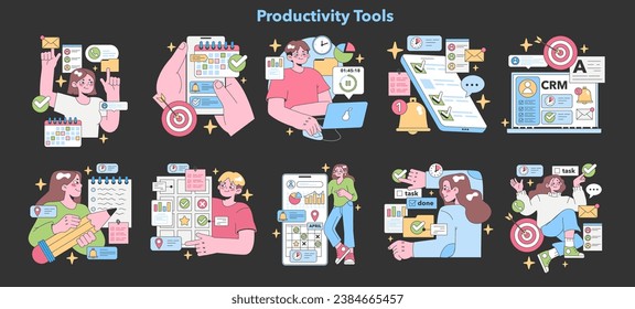 Productivity Tools set. Seamless workflow optimization with cheerful users. Task management, email organization, CRM insights, time tracking. Vibrant hues capture tech efficiency. vector illustration