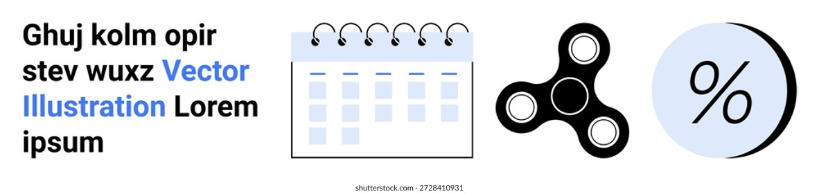 Ferramentas de produtividade, gerenciamento de tempo, melhoria do foco, porcentagens, cálculo financeiro, estratégia de negócios. Calendário, símbolo de porcentagem de girador fidget em fundo branco. Ferramentas de produtividade