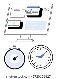 Ferramentas de produtividade, controle de tempo, gerenciamento de fluxo de trabalho, gerenciamento de prazos, design de interface de usuário, automação de tarefas. Tela de computador com interface digital, relógio e cronômetro. Ferramentas de produtividade