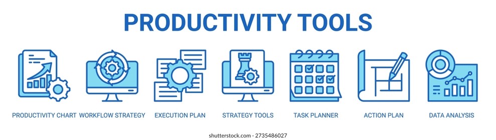 Productivity Tools web banner icon vector illustration concept with icon of productivity chart, workflow strategy, execution plan, strategy tools, task planner, action plan, and data analysis.