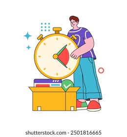 Herramientas de productividad para la eficiencia del flujo de trabajo, personaje masculino con reloj temporizador. Personaje de dibujos animados plano de Vector con cronómetro para controlar los plazos y la finalización de los marcos de tiempo del proyecto