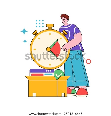 Productivity tools for workflow efficiency, male personage with timer clock. Vector flat cartoon character with stopwatch to control deadlines and project time frames completion