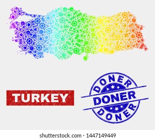 Productivity Turkey map and blue Doner distress stamp. Spectrum gradiented vector Turkey map mosaic of productivity units. Blue rounded Doner badge.