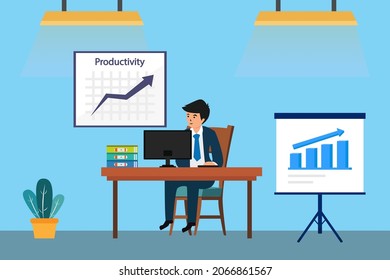 Productivity vector concept. Businessman working with computer while sitting with increasing productivity chart