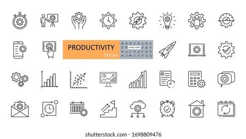 Iconos vectoriales de productividad. Establecer iconos de línea con trazo editable. Planificación empresarial, éxito, logro de objetivos. Gráficos, comunicación, chat, velocímetro